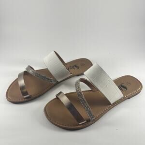 Shein Rhinestone Strap Slide Sandals White Metallic Size 7